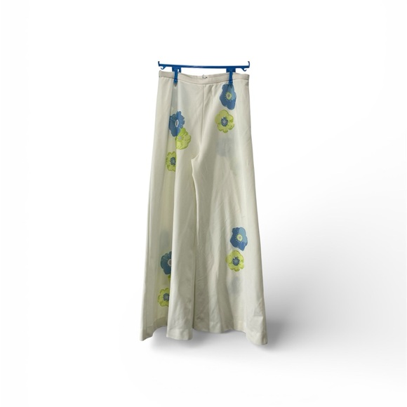 Vintage Dylan Extreme Bell Bottom Pants White Blue Flowers Polyester 60’s Hippy
